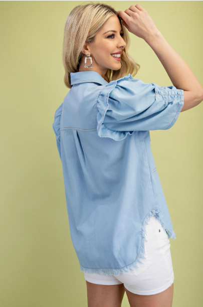 Ruffled Gathered Sleeve Linen Button Up Shirt Top  TE1064