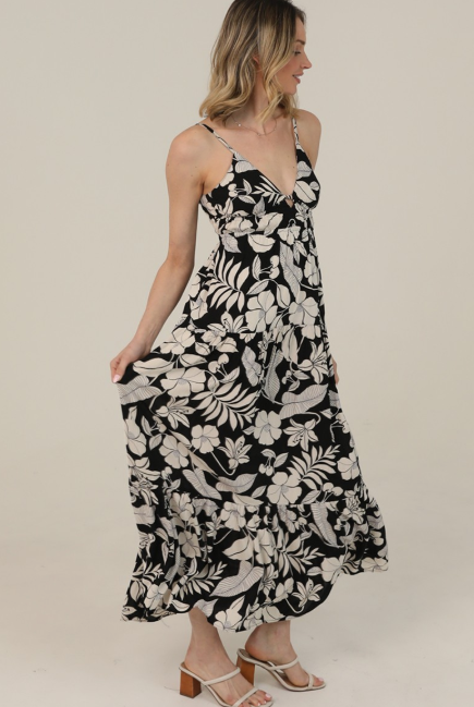 V Neck Open Tie Back Printed Maxi Dress  F4F72-A920