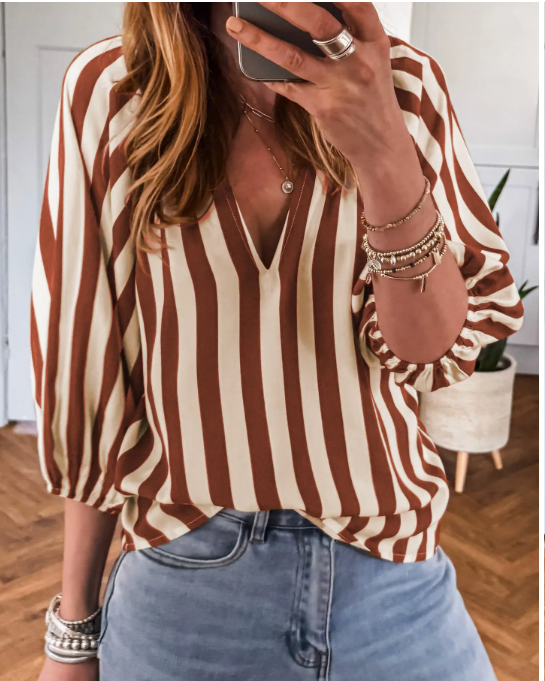 Brown Stripe V Neck Blouse  LC25138005-P1719-S