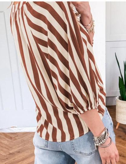 Brown Stripe V Neck Blouse  LC25138005-P1719-S