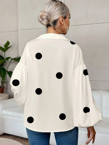 French Polka Dot Half-Open Collar Puff Sleeve Top AXR603-18-S