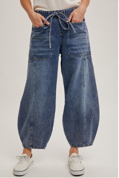 Denim Mid-waist Drawstrings Barrel Jeans  CQ-AG3285