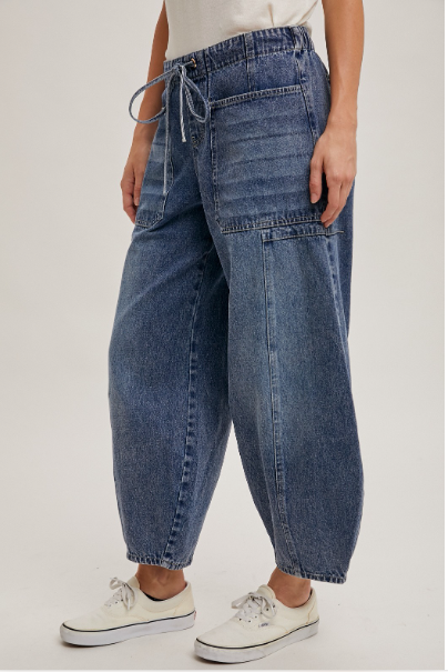 Denim Mid-waist Drawstrings Barrel Jeans  CQ-AG3285