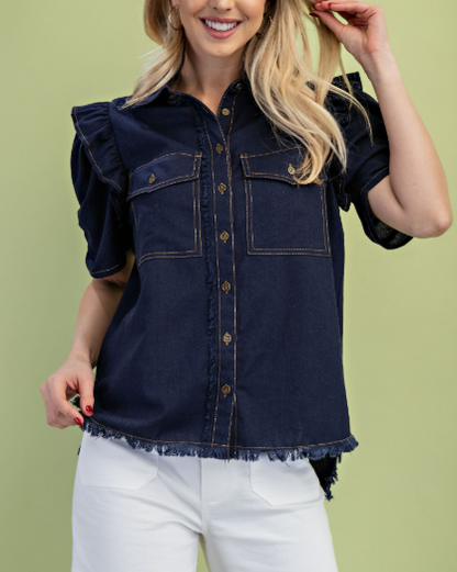 Ruffled Gathered Sleeve Linen Button Up Shirt Top  TE1064
