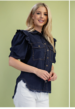 Ruffled Gathered Sleeve Linen Button Up Shirt Top  TE1064