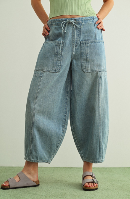 Soft Denim Barrel Pants With Self Belt  P5858