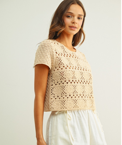 Floral Crochet Knite Cap Sleeve Top  T6912