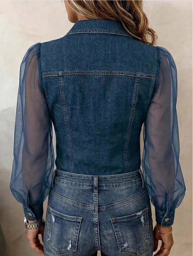 Denim Look Mesh Long Sleeve Blouse FRANL45