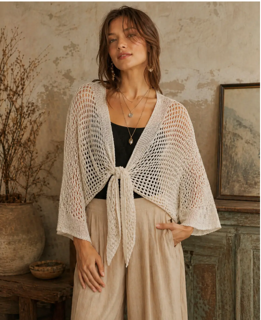 JC063344 Eyelet Open-Knit Metallic Cardigan with Front Tie