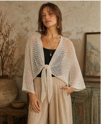 JC063344 Eyelet Open-Knit Metallic Cardigan with Front Tie