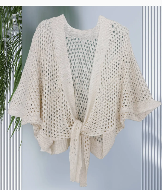 JC063344 Eyelet Open-Knit Metallic Cardigan with Front Tie