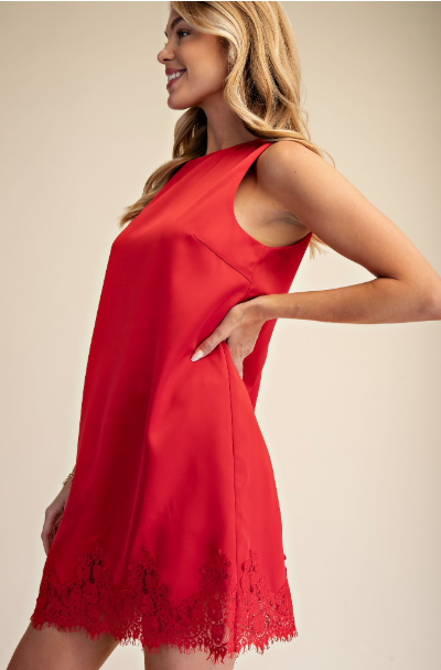 Round Neck Sleeveless Lace Detail Satin Shift Dress  GD9919