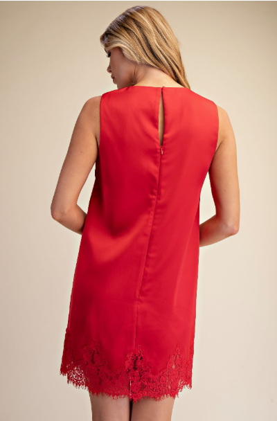 Round Neck Sleeveless Lace Detail Satin Shift Dress  GD9919