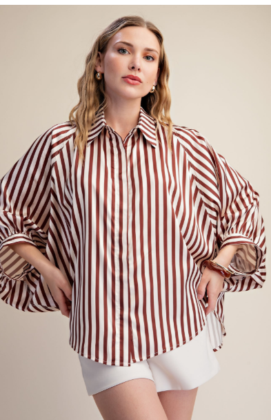 Stripe Wide Puff Sleeve Buttondown Shirt  T9263