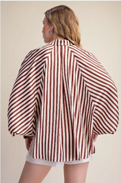 Stripe Wide Puff Sleeve Buttondown Shirt  T9263