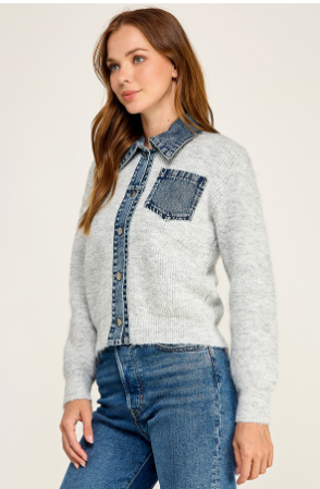 Button Front Cardigan With Denim Trim  CD2511-141