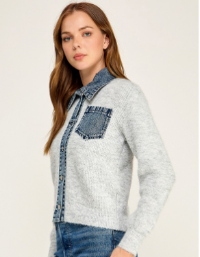 Button Front Cardigan With Denim Trim  CD2511-141