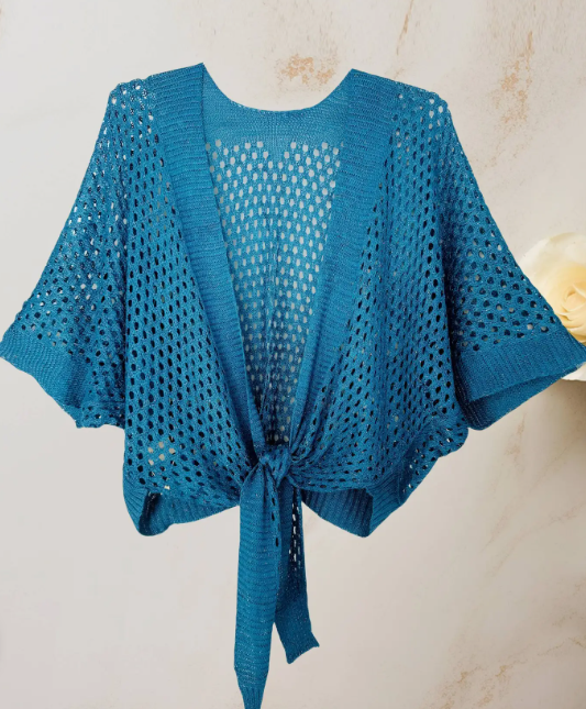 JC063344 Eyelet Open-Knit Metallic Cardigan with Front Tie