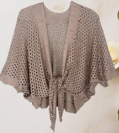 JC063344 Eyelet Open-Knit Metallic Cardigan with Front Tie