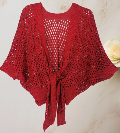 JC063344 Eyelet Open-Knit Metallic Cardigan with Front Tie
