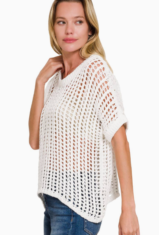 Net Short Sleeve Crochet Sweater MMT1242