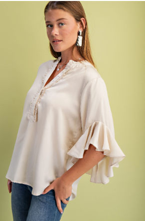 Satin Ruffled Bell Sleeve Top  TE1429