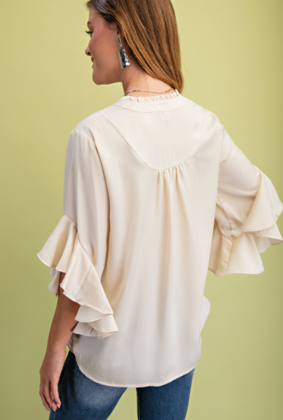 Satin Ruffled Bell Sleeve Top  TE1429