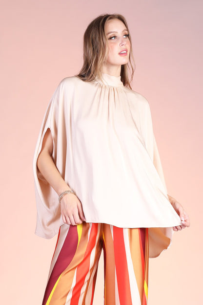 Washed Poly Silk Mock Neck Caftan Tunic Top T-8415