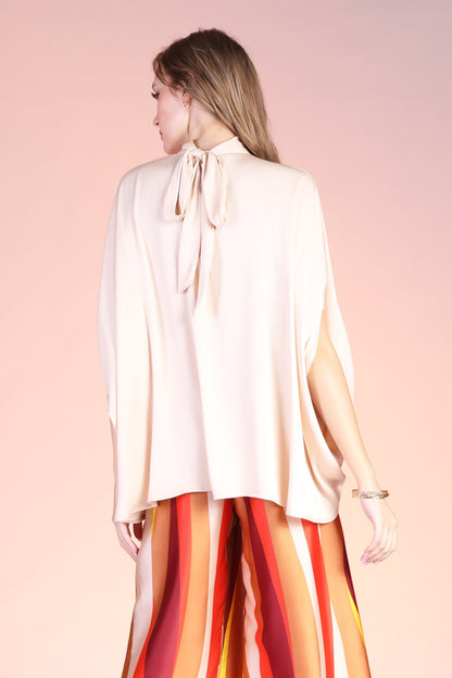 Washed Poly Silk Mock Neck Caftan Tunic Top T-8415