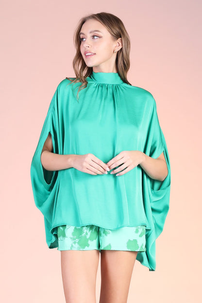 Washed Poly Silk Mock Neck Caftan Tunic Top T-8415
