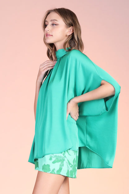 Washed Poly Silk Mock Neck Caftan Tunic Top T-8415