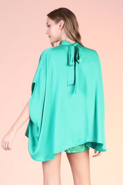 Washed Poly Silk Mock Neck Caftan Tunic Top T-8415