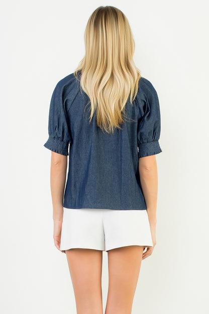 Short Sleeve Denim V-Neck Top WCT3487