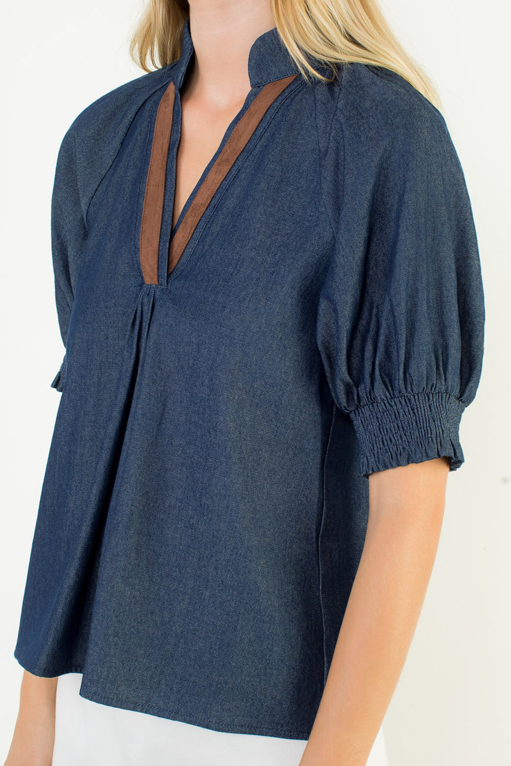 Short Sleeve Denim V-Neck Top WCT3487