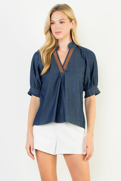 Short Sleeve Denim V-Neck Top WCT3487