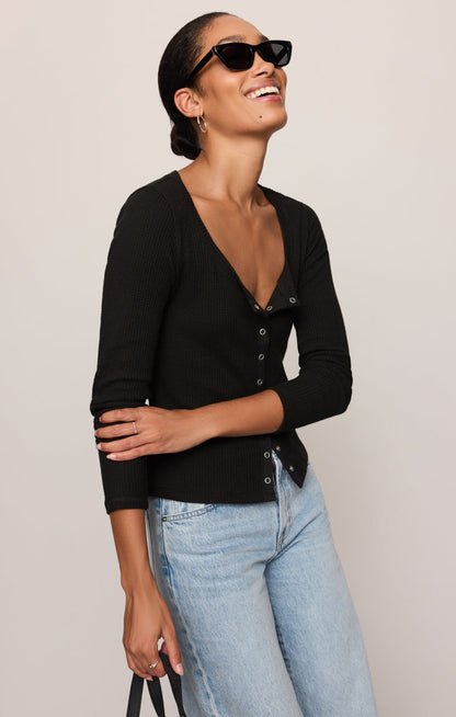 Albany Waffle Button Up Top - Black detail