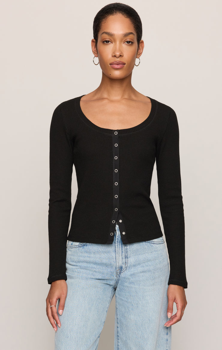 Albany Waffle Button Up Top - Black front
