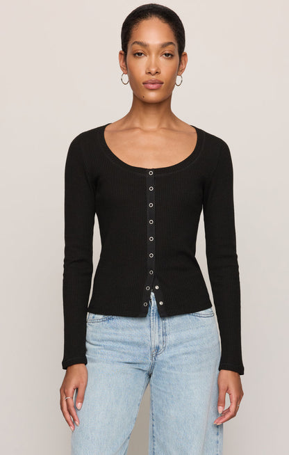 Albany Waffle Button Up Top - Black front