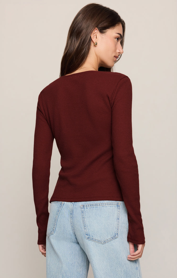 Albany Waffle Button Up Top - Velvet Rouge back