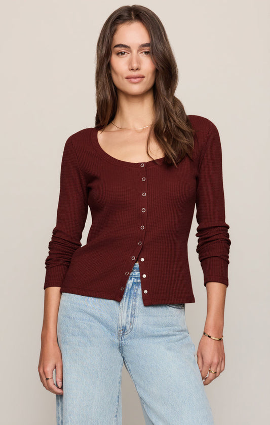 Albany Waffle Button Up Top - Velvet Rouge front