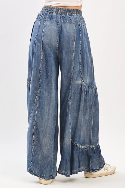 Washed Chambray Tier Detail Wide Leg Pants S70636