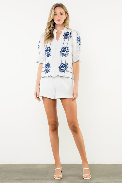 Embroidered Puff Sleeve Stripe Top WCT2972
