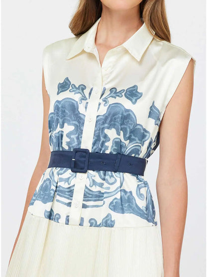 Printed Pleated Midi Shirt Dress w/ Buckle Belt 2590056