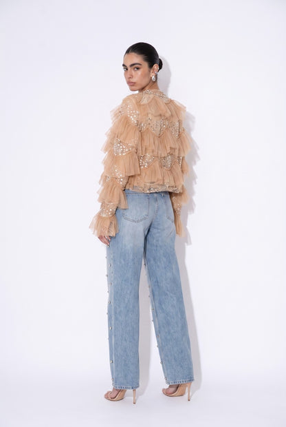 Embellished Ruffle Mesh Jacket  AM4001