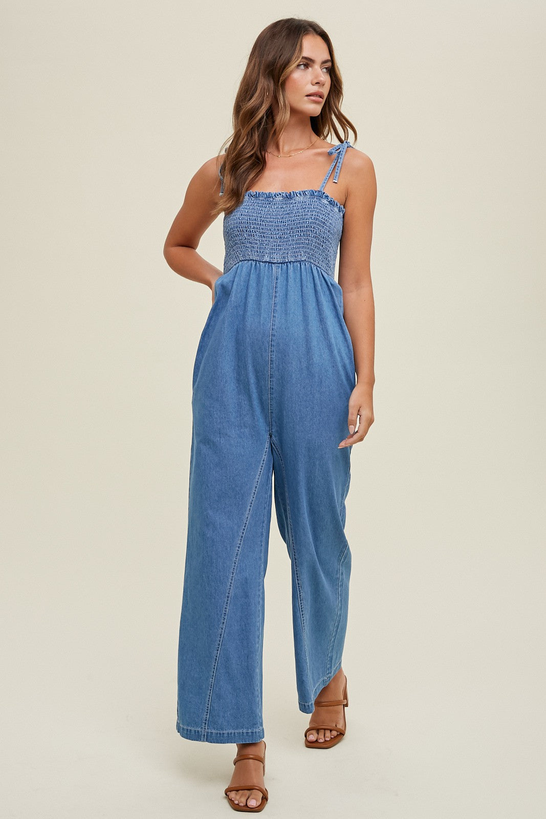 Smocked Bust Denim Jumpsuit WL24-8602.
