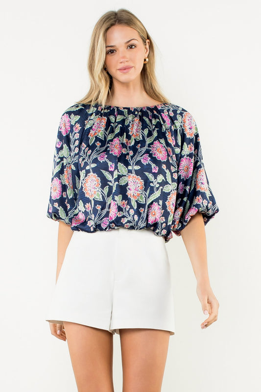 Floral Boatneck Balloon Sleeve Top JH2291-1