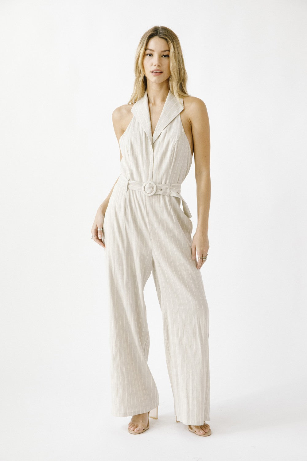 Pinstripe Collar Wideleg Jumpsuit JJ6004