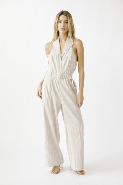 Pinstripe Collar Wideleg Jumpsuit JJ6004