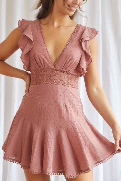 Swiss Dot Ruffled V Neck Mini Dress SR0206B-2