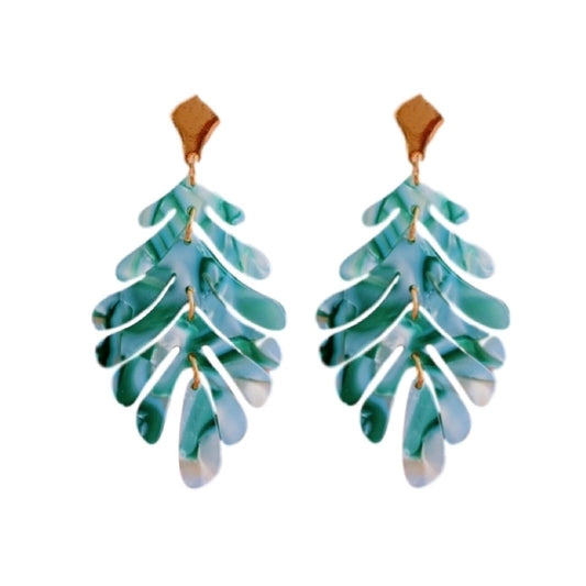Green Petite Palm Drop Statement Earrings SAD048